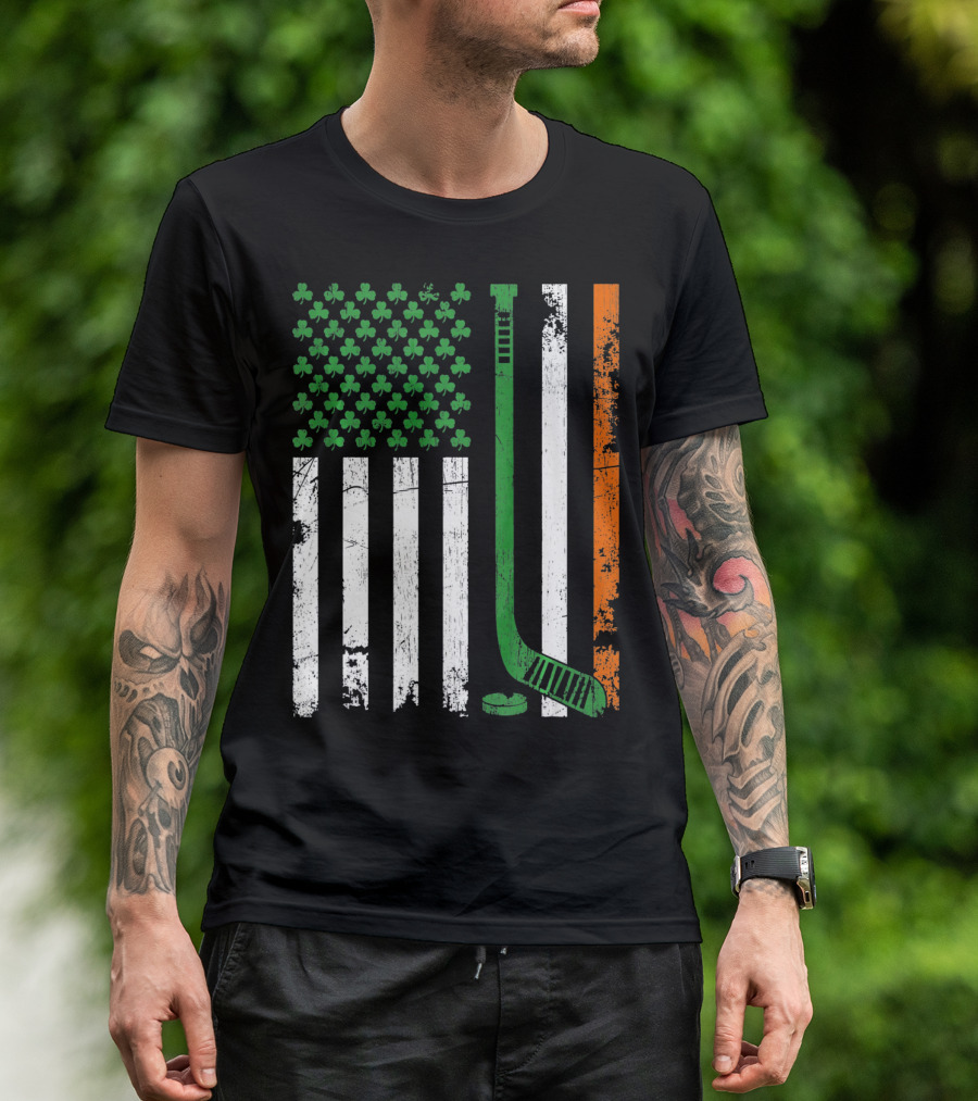 Irish American Flag Shamrock Hockey Stick T-Shirt