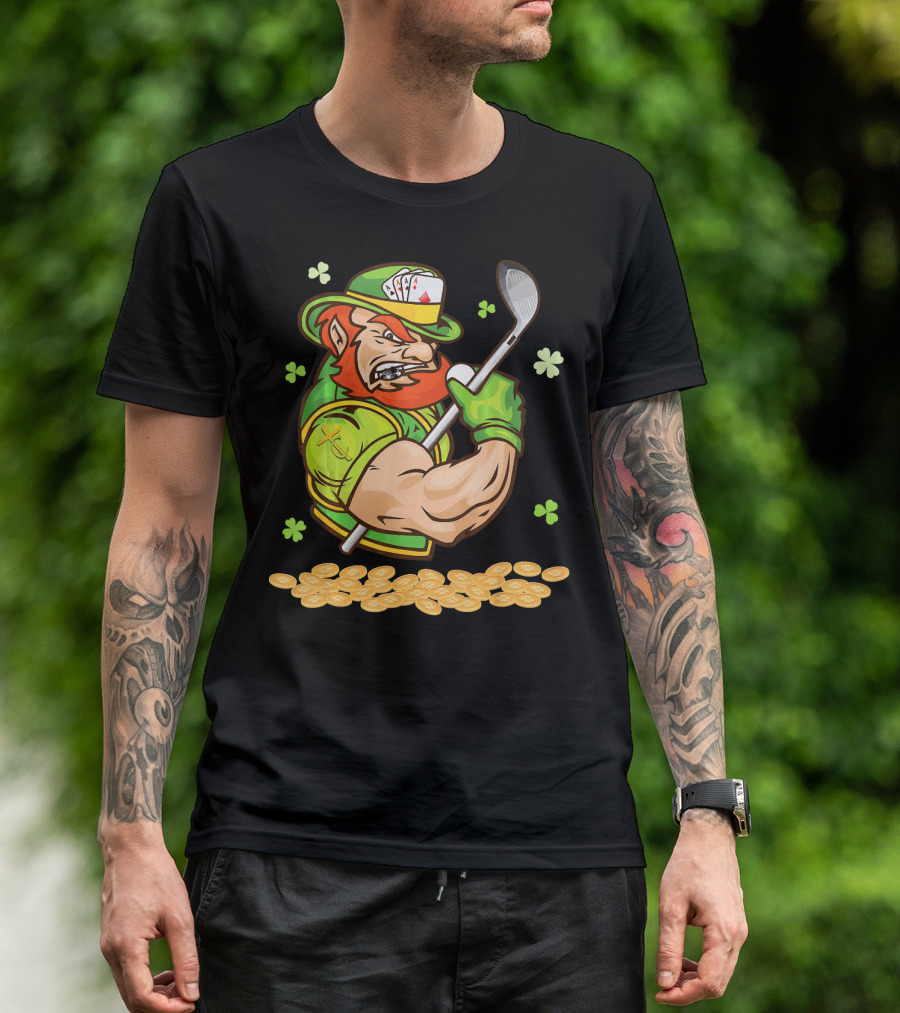 Leprechaun Swinging Golf Club Surrounded By Shamrocks And Gold Coins T-Shirt