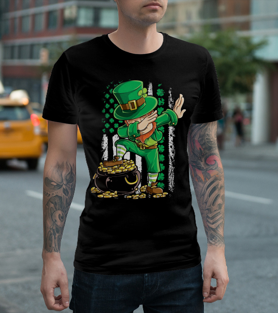 Dabbing Leprechaun with Shamrocks and Gold Coins Irish American T-Shirt