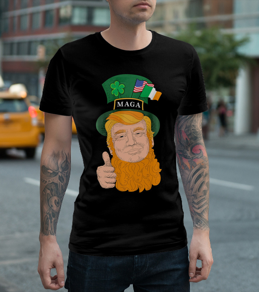 MAGA Trump Leprechaun St. Patrick's Day with American and Irish Flags T-Shirt