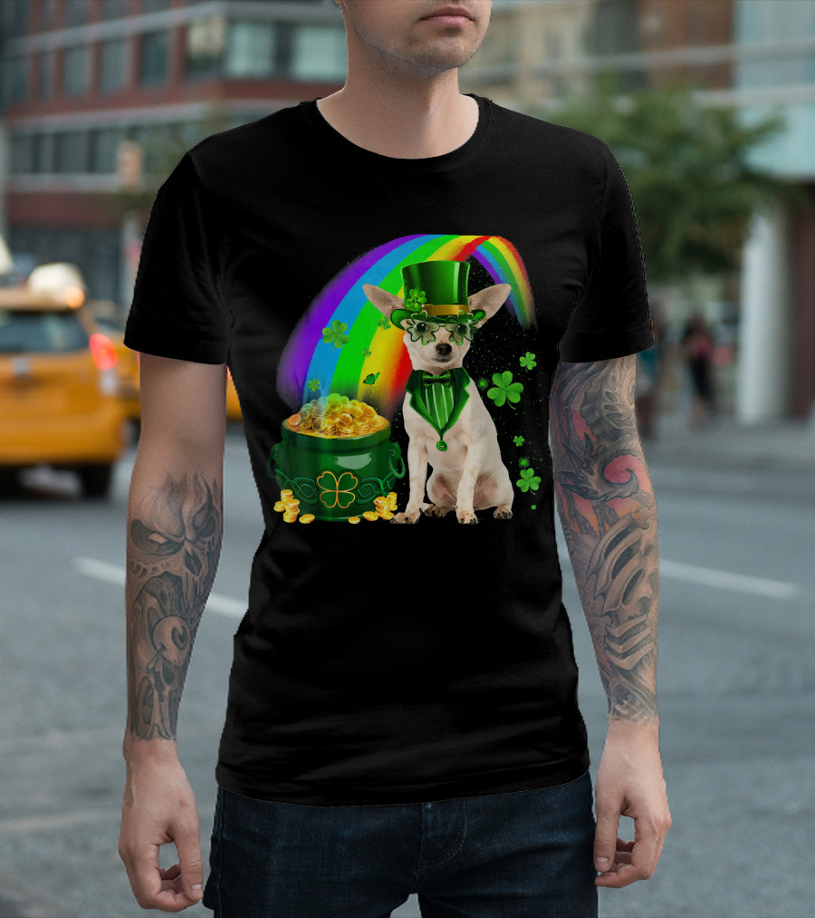 Chihuahua Irish Leprechaun with Shamrock and Rainbow Coin Pot T-Shirt