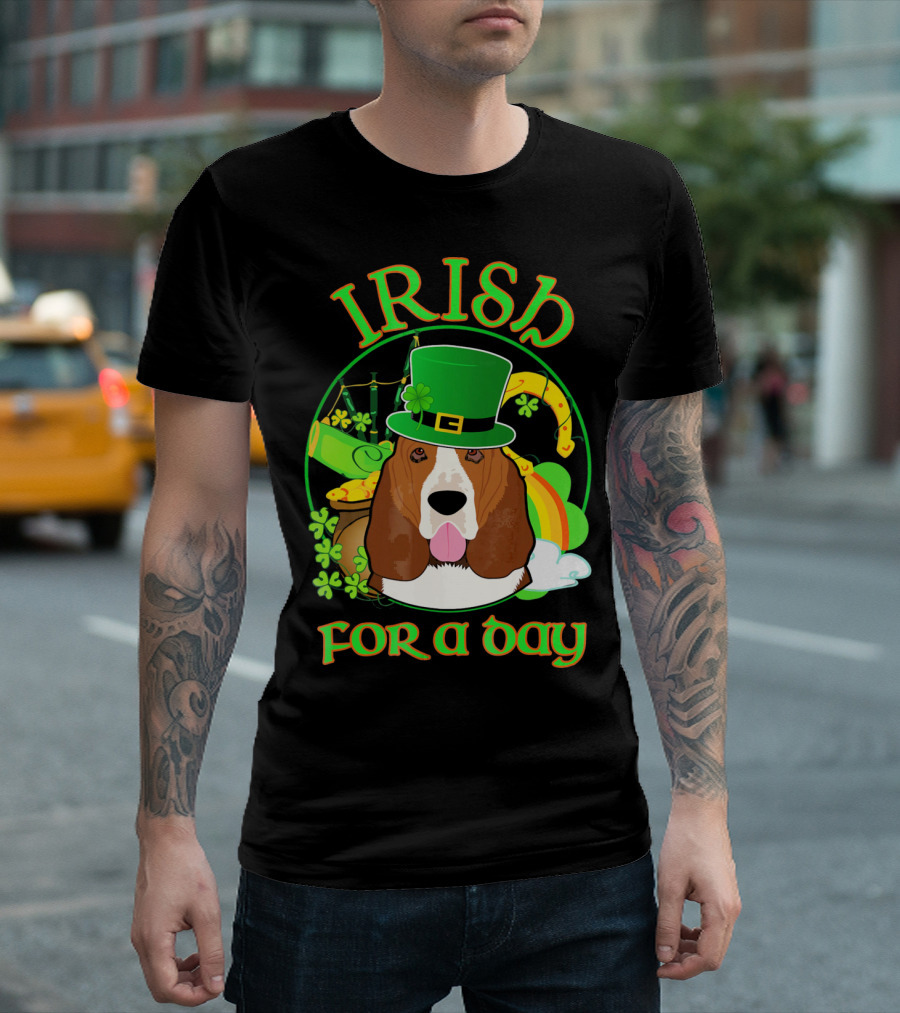 Irish For A Day Basset Hound Dog with Leprechaun Hat and Shamrocks T-Shirt