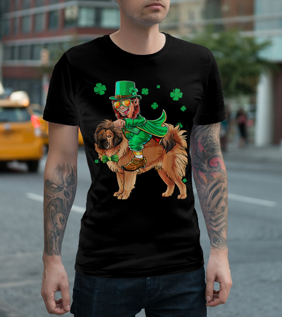 Leprechaun Riding Tibetan Mastiff with Shamrocks T-Shirt