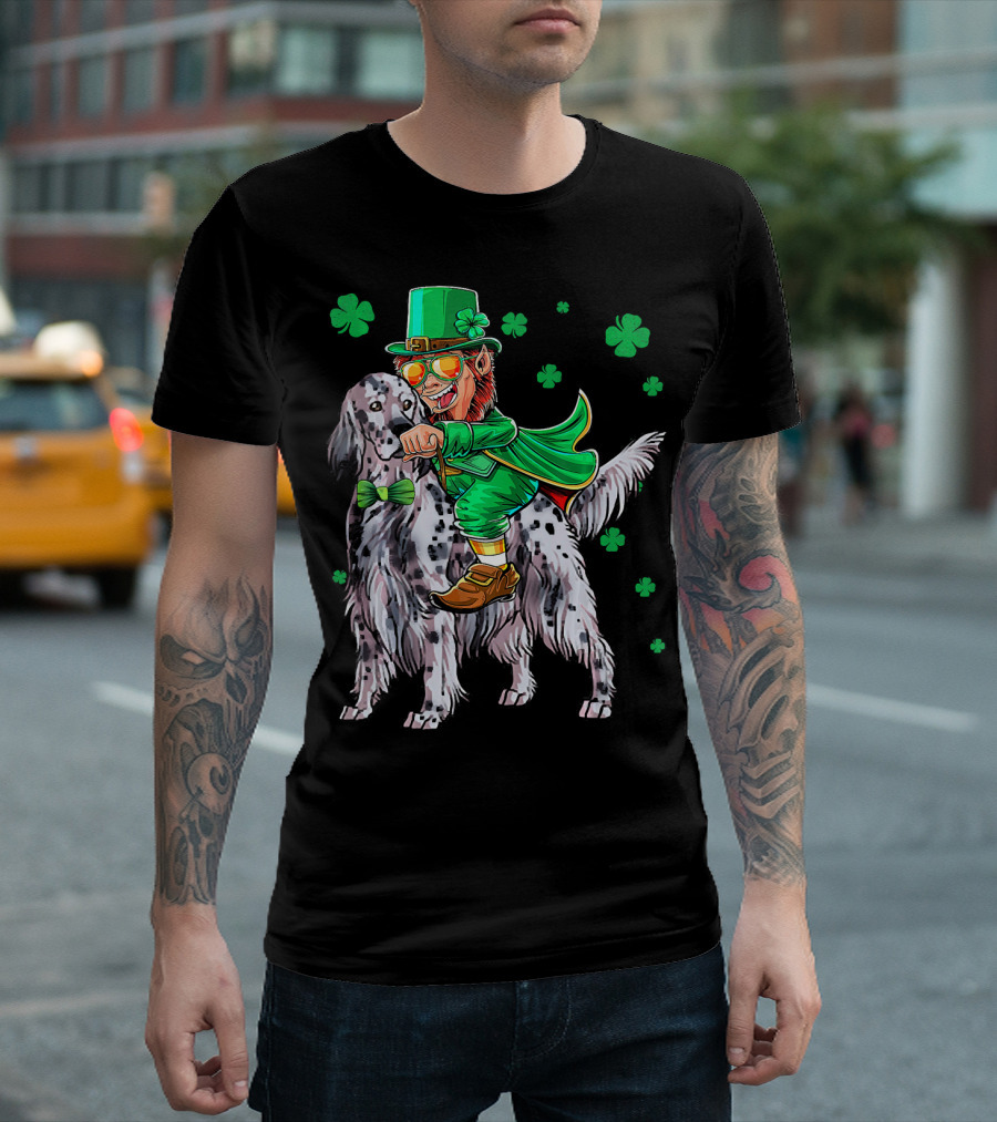 Leprechaun Riding English Setter with Shamrocks T-Shirt