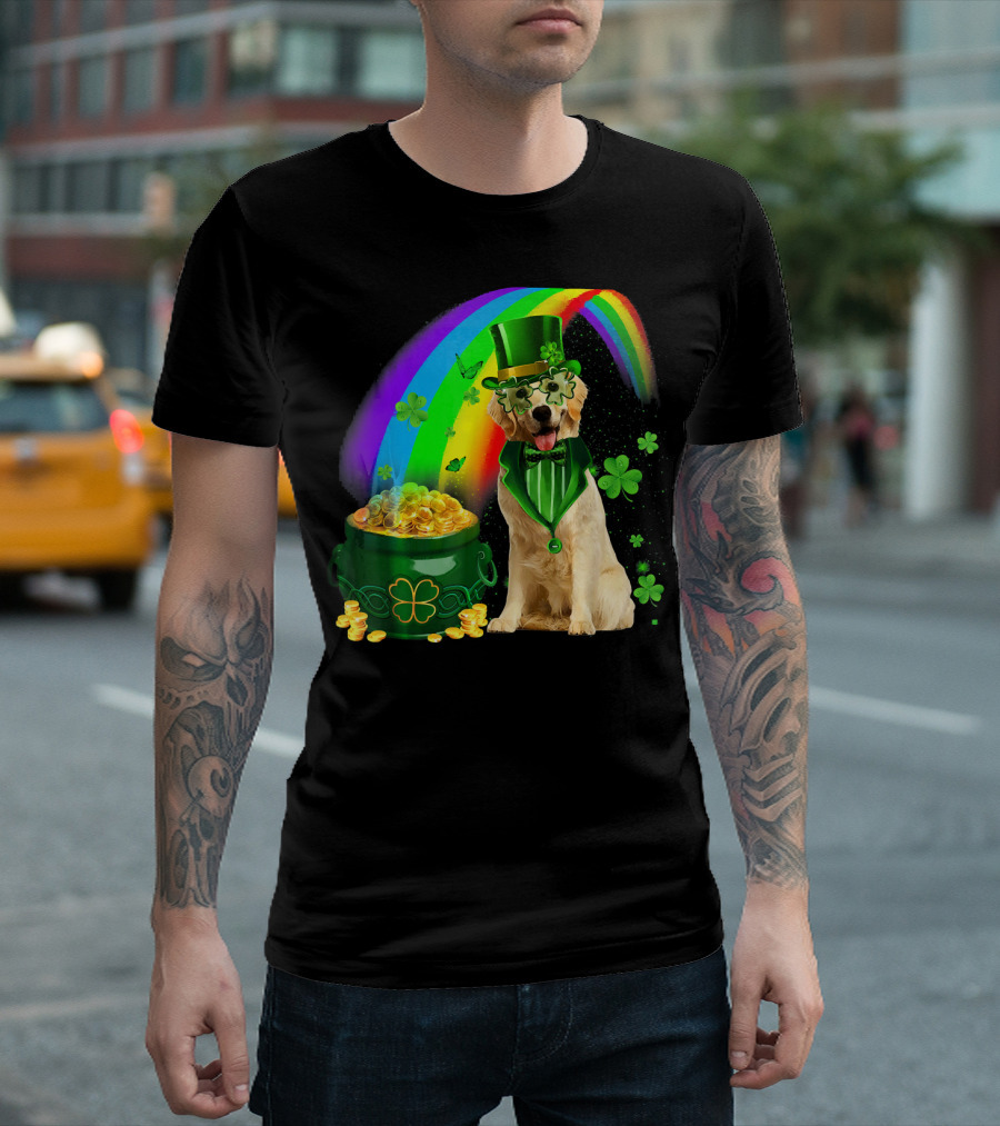 Golden Retrievers Dog Irish Leprechaun Rainbow Gold T-Shirt