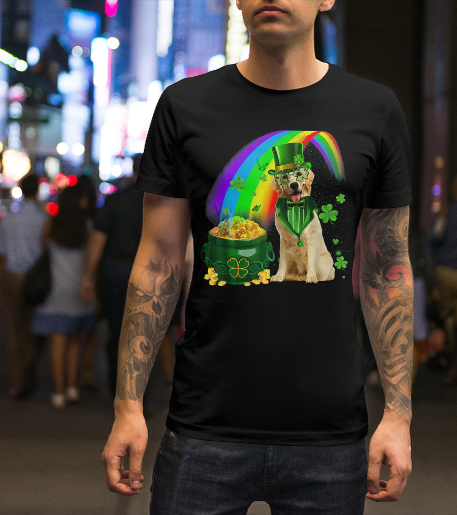 Golden Retrievers Dog Irish Leprechaun Rainbow Gold T-Shirt