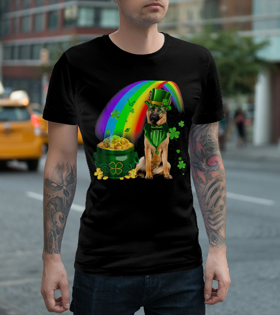 German Shepherd Irish Leprechaun Rainbow Pot of Gold Shamrock T-Shirt