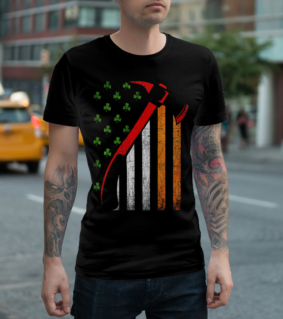 Firefighter Irish American Flag St Patrick's Day Axe Shamrock T-Shirt