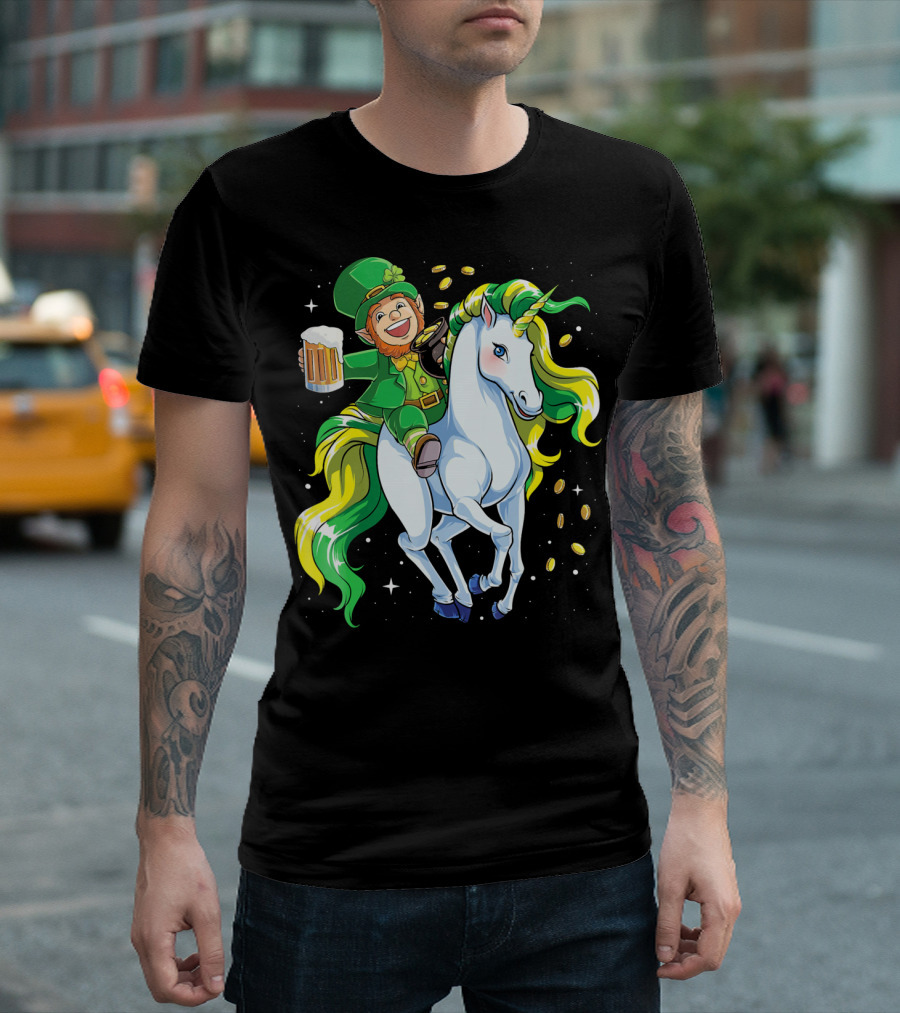Leprechaun Riding Unicorn with Beer and Coins T-Shirt
