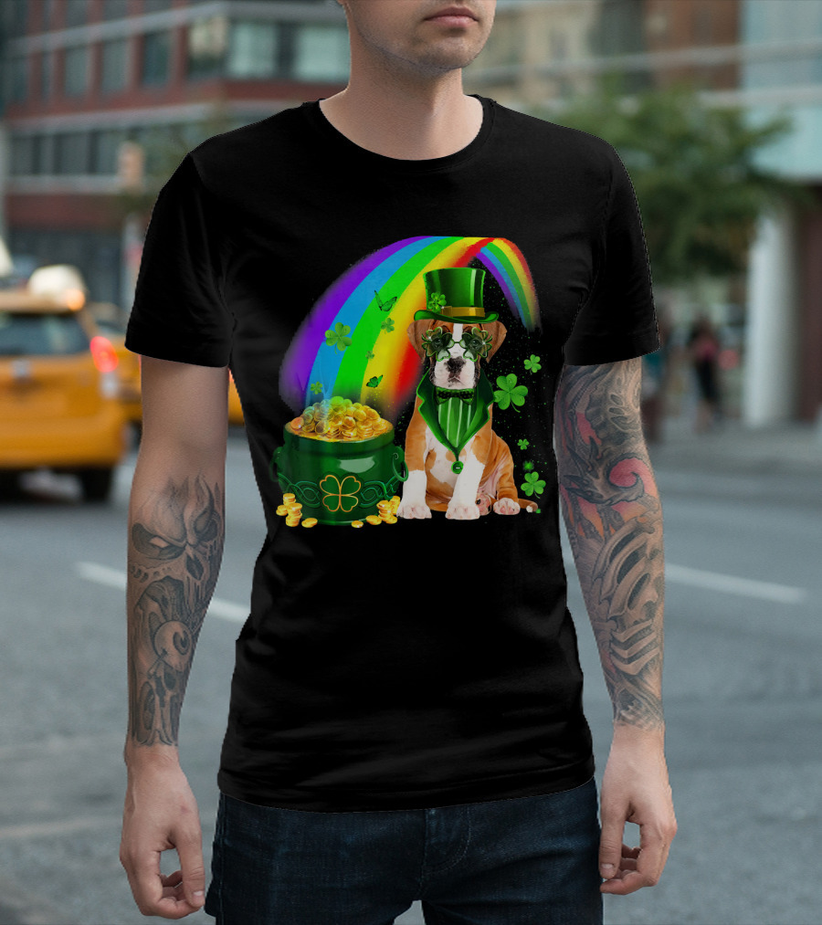 Boxer Dog Irish Leprechaun Coin Rainbow Clover Saint Patrick's Day T-Shirt