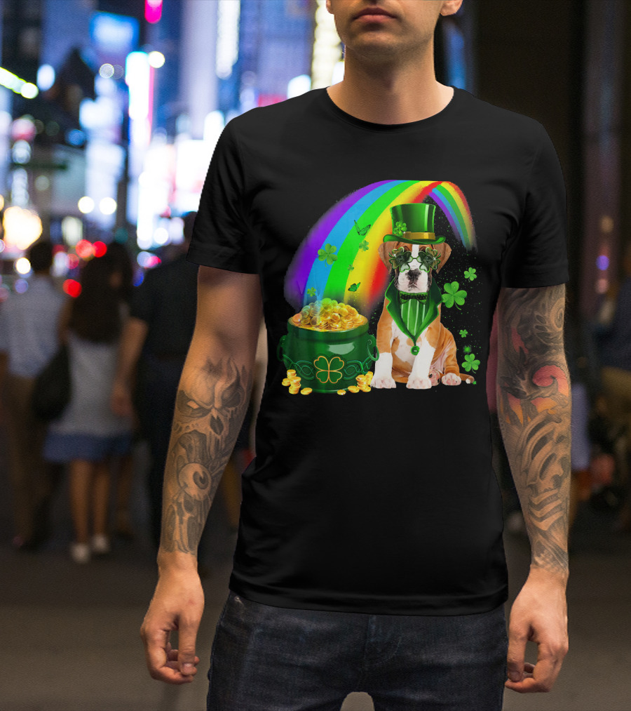 Boxer Dog Irish Leprechaun Coin Rainbow Clover Saint Patrick's Day T-Shirt