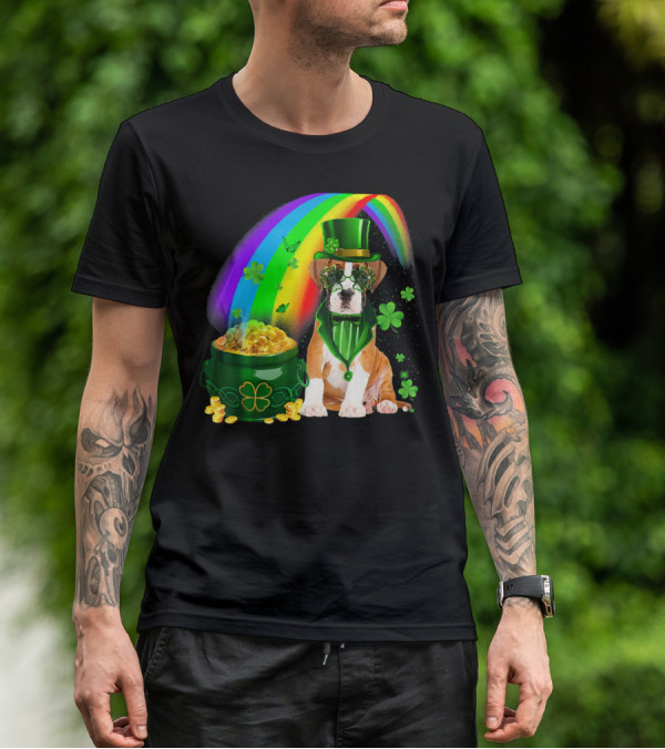 Boxer Dog Irish Leprechaun Coin Rainbow Clover Saint Patrick's Day T-Shirt