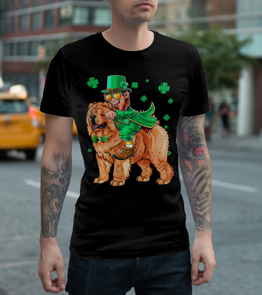 Leprechaun Riding Chow Chow With Shamrocks St. Patrick's Day T-Shirt