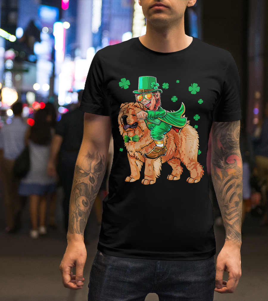 Leprechaun Riding Chow Chow With Shamrocks St. Patrick's Day T-Shirt