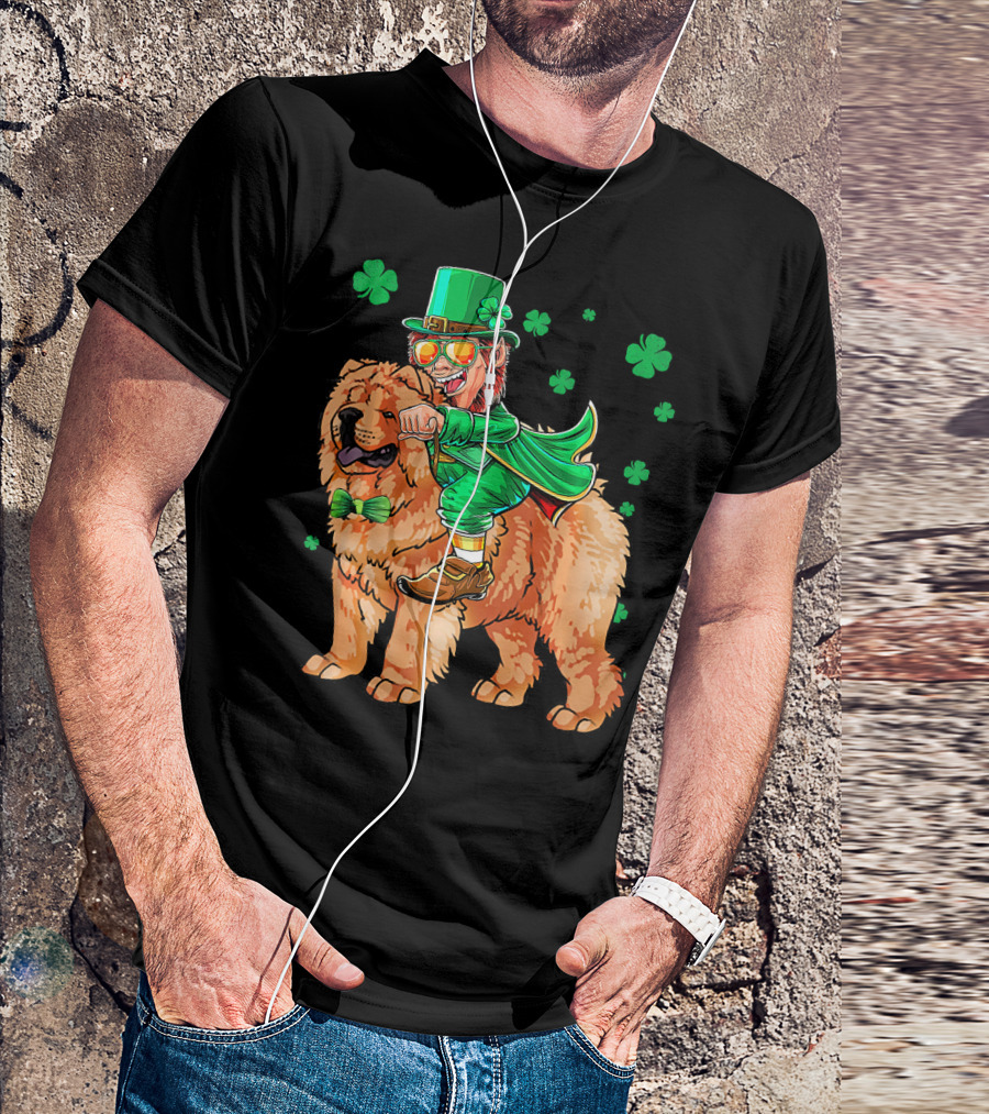 Leprechaun Riding Chow Chow With Shamrocks St. Patrick's Day T-Shirt