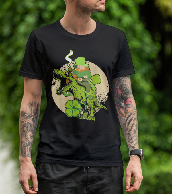 St Patricks Day Leprechaun Riding Dinosaur With Shamrocks T-Shirt