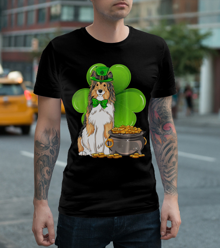 Shetland Sheepdog St Patricks Day Leprechaun Clover And Pot Of Gold T-Shirt