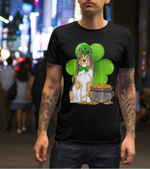 Shetland Sheepdog St Patricks Day Leprechaun Clover And Pot Of Gold T-Shirt