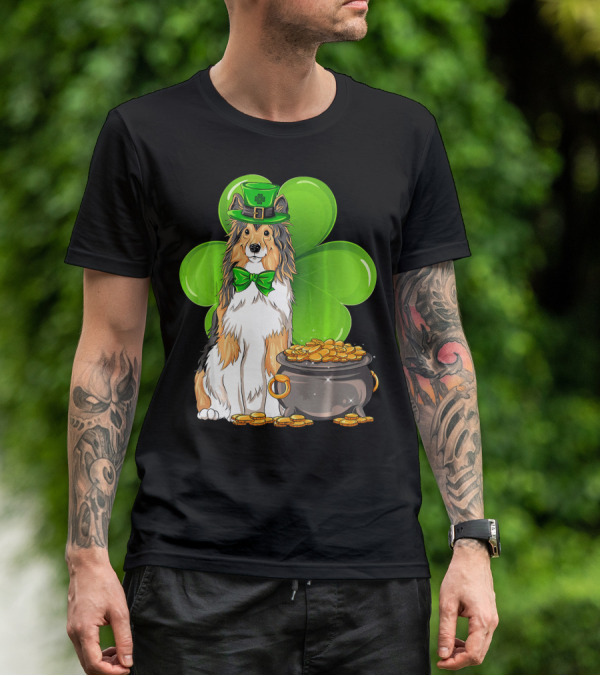 Shetland Sheepdog St Patricks Day Leprechaun Clover And Pot Of Gold T-Shirt