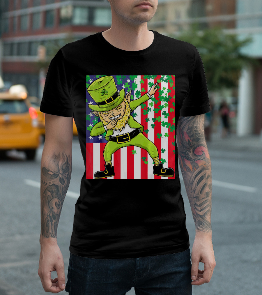 American Flag Dabbing Leprechaun St Patrick's Day Shamrocks T-Shirt