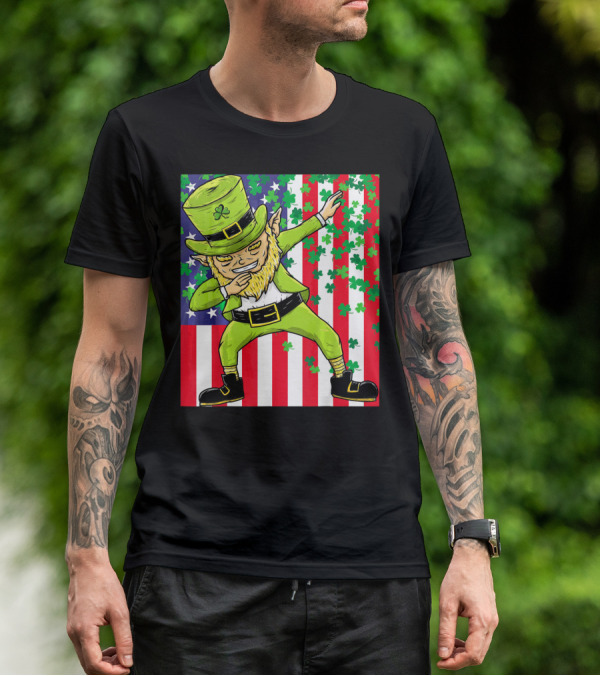 American Flag Dabbing Leprechaun St Patrick's Day Shamrocks T-Shirt