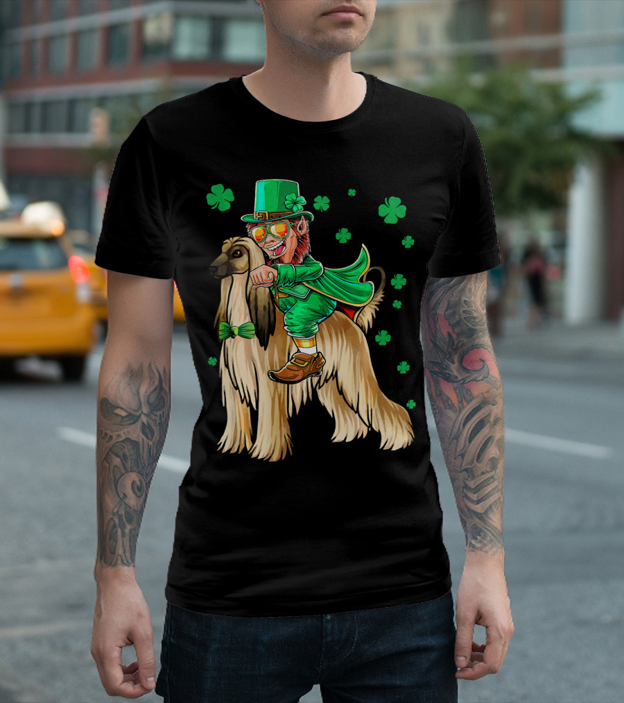 Leprechaun Riding Afghan Hound with Shamrocks St. Patrick's Day T-Shirt