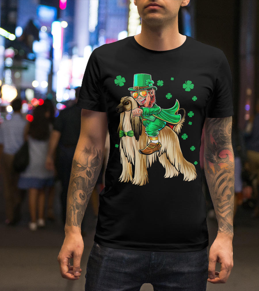 Leprechaun Riding Afghan Hound With Shamrocks St. Patrick's Day T-Shirt