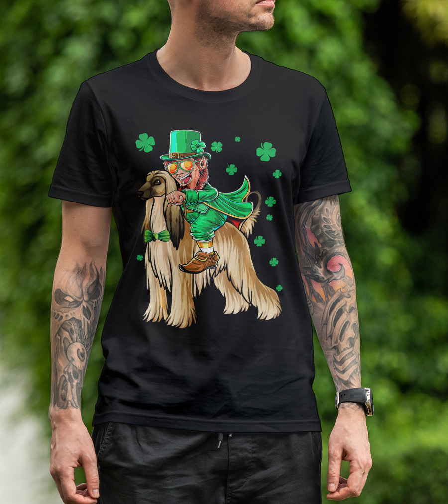 Leprechaun Riding Afghan Hound With Shamrocks St. Patrick's Day T-Shirt