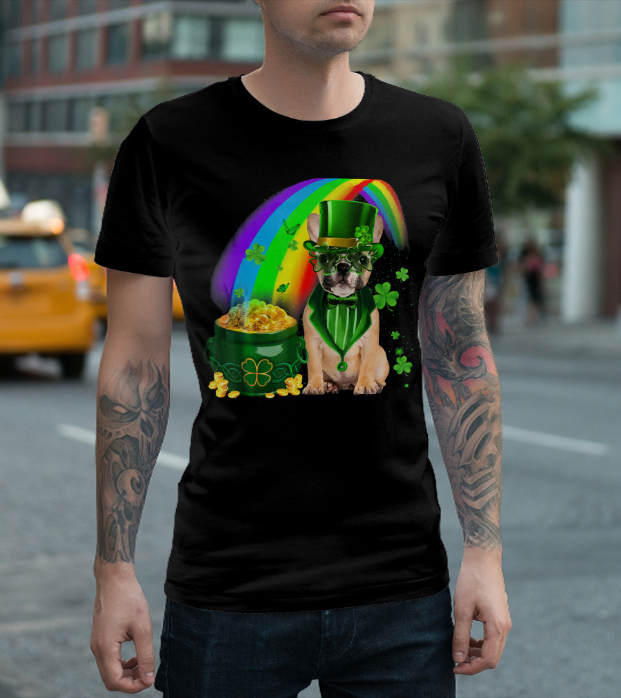 French Bulldog Irish Leprechaun with Pot of Gold and Shamrocks T-Shirt