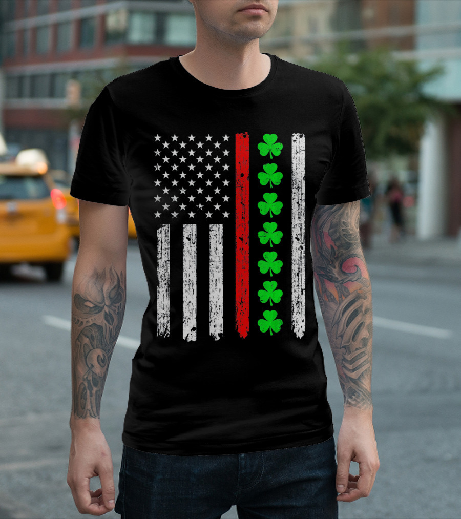 American Flag Thin Red Line Shamrock Irish St Patricks T-Shirt