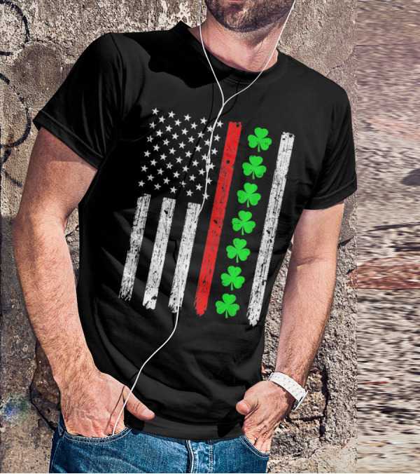 American Flag Thin Red Line Shamrock Irish St Patricks T-Shirt