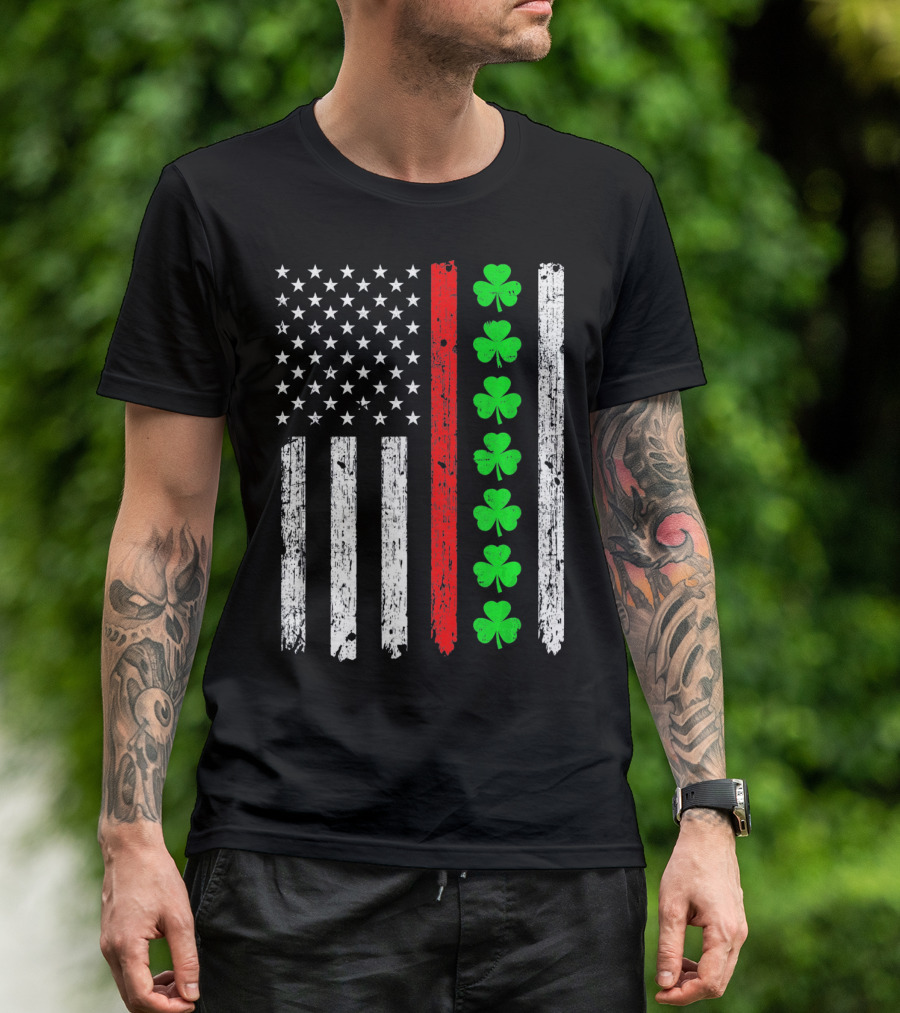 American Flag Thin Red Line Shamrock Irish St Patricks T-Shirt