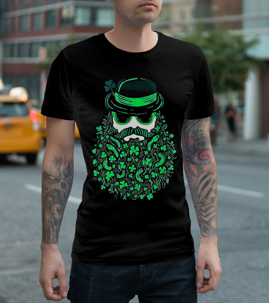 Shamrock Moustache Leprechaun St Patrick's Beard Hat Sunglasses T-Shirt