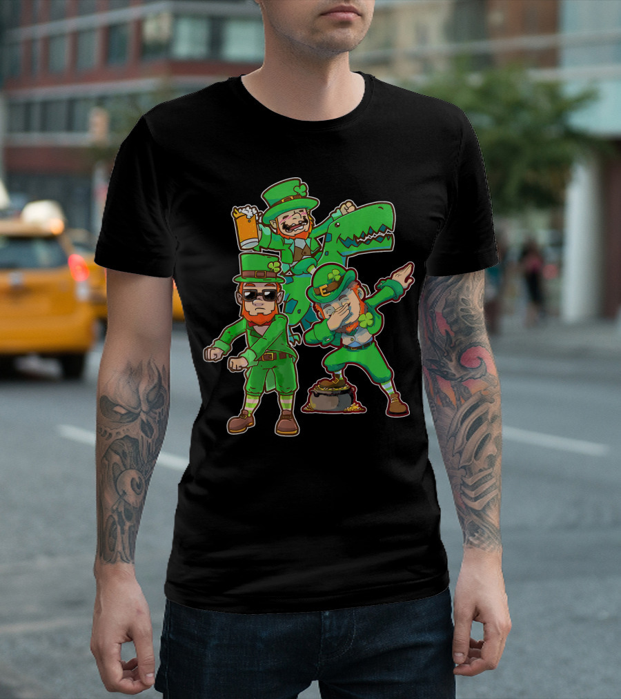 Dabbing Leprechaun Flossing Dinosaur Beer Pot of Gold T-Shirt