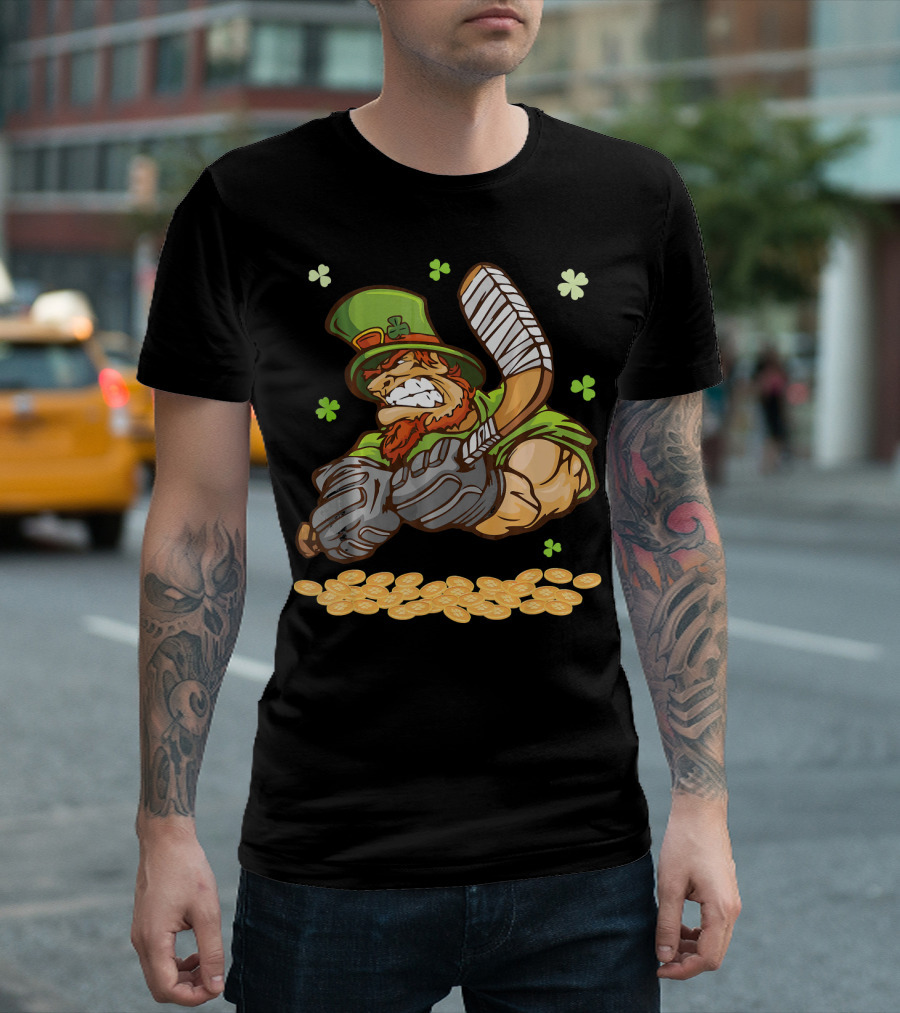 Leprechaun Swinging Hockey Stick Surrounded by Shamrocks and Gold Coins T-Shirt