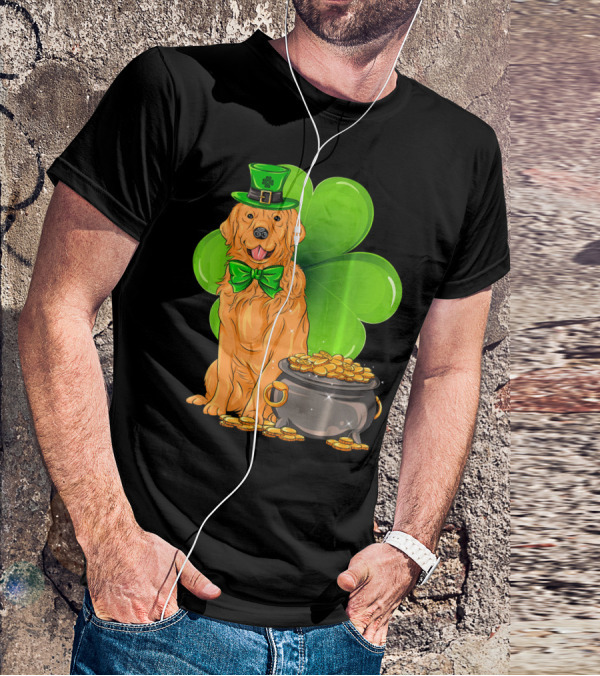 Golden Retriever St Patricks Day Leprechaun With Shamrock And Pot Of Gold T-Shirt