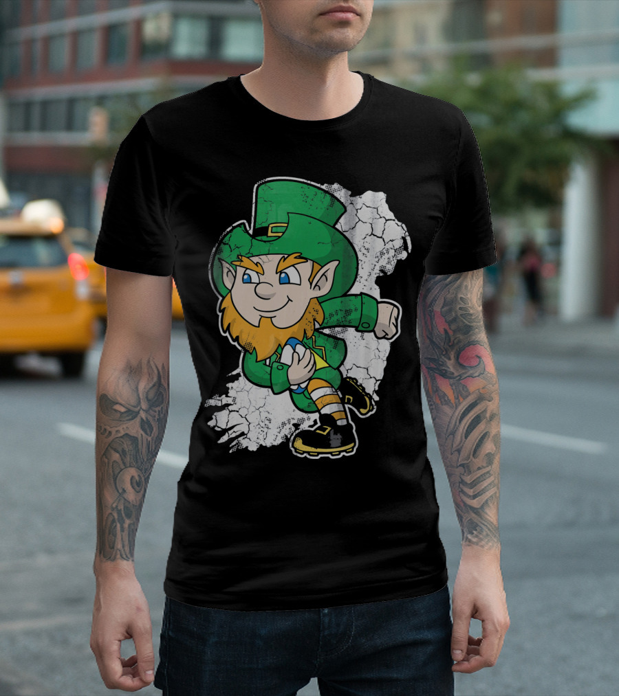 Irish Rugby Leprechaun With Rugby Ball On Cracked Background T-Shirt