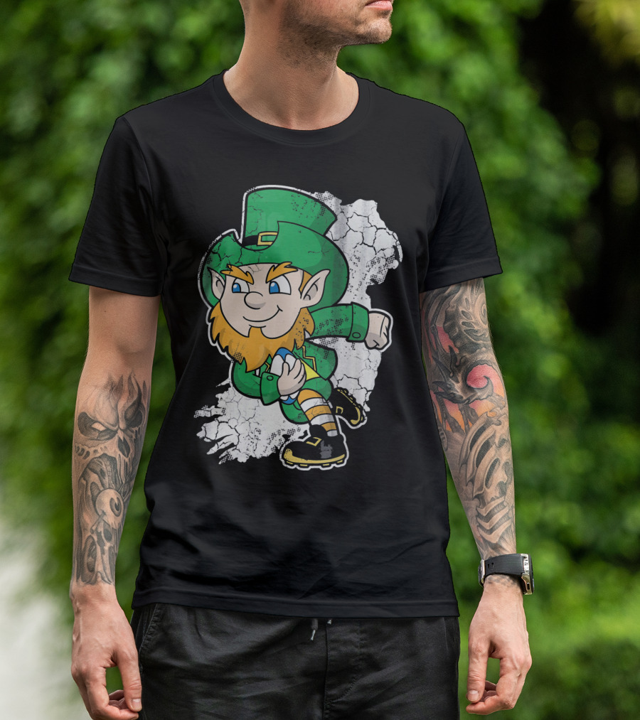 Irish Rugby Leprechaun With Rugby Ball On Cracked Background T-Shirt