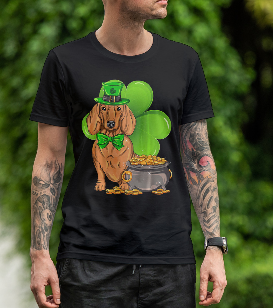 Dachshund St Patricks Day Leprechaun Dog Shamrock Hat Pot Of Gold T-Shirt