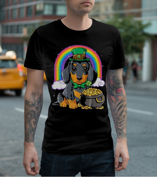 Dachshund Leprechaun Hat Rainbow Pot Of Gold T-Shirt