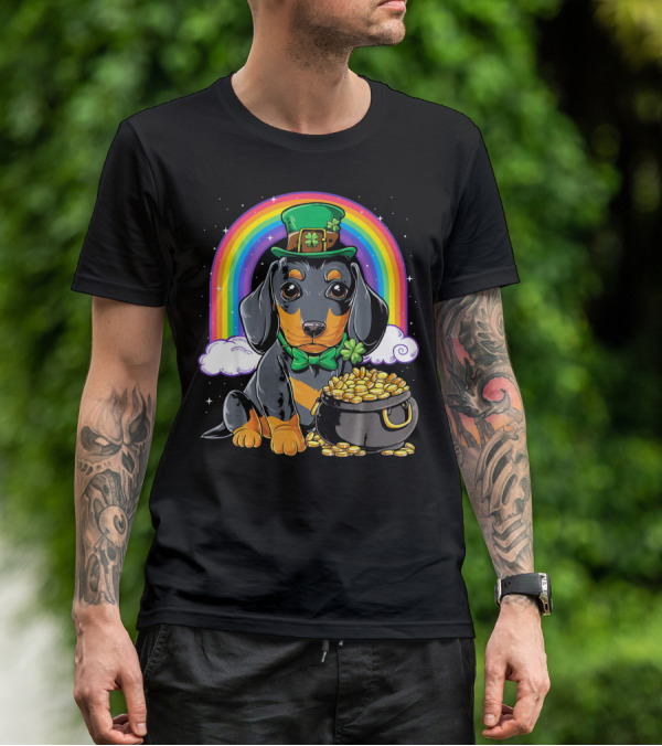 Dachshund Leprechaun Hat Rainbow Pot Of Gold T-Shirt
