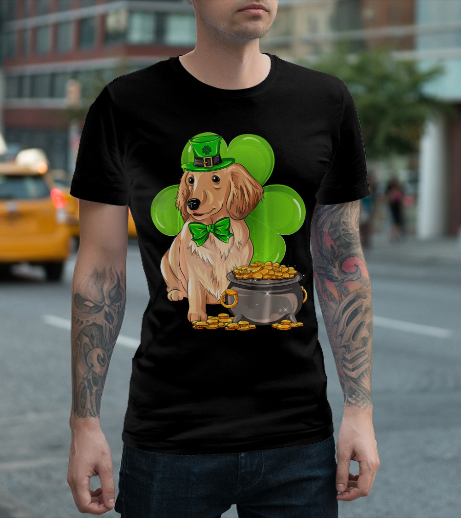 Miniature Dachshund St Patricks Day Leprechaun with Shamrock and Pot of Gold T-Shirt