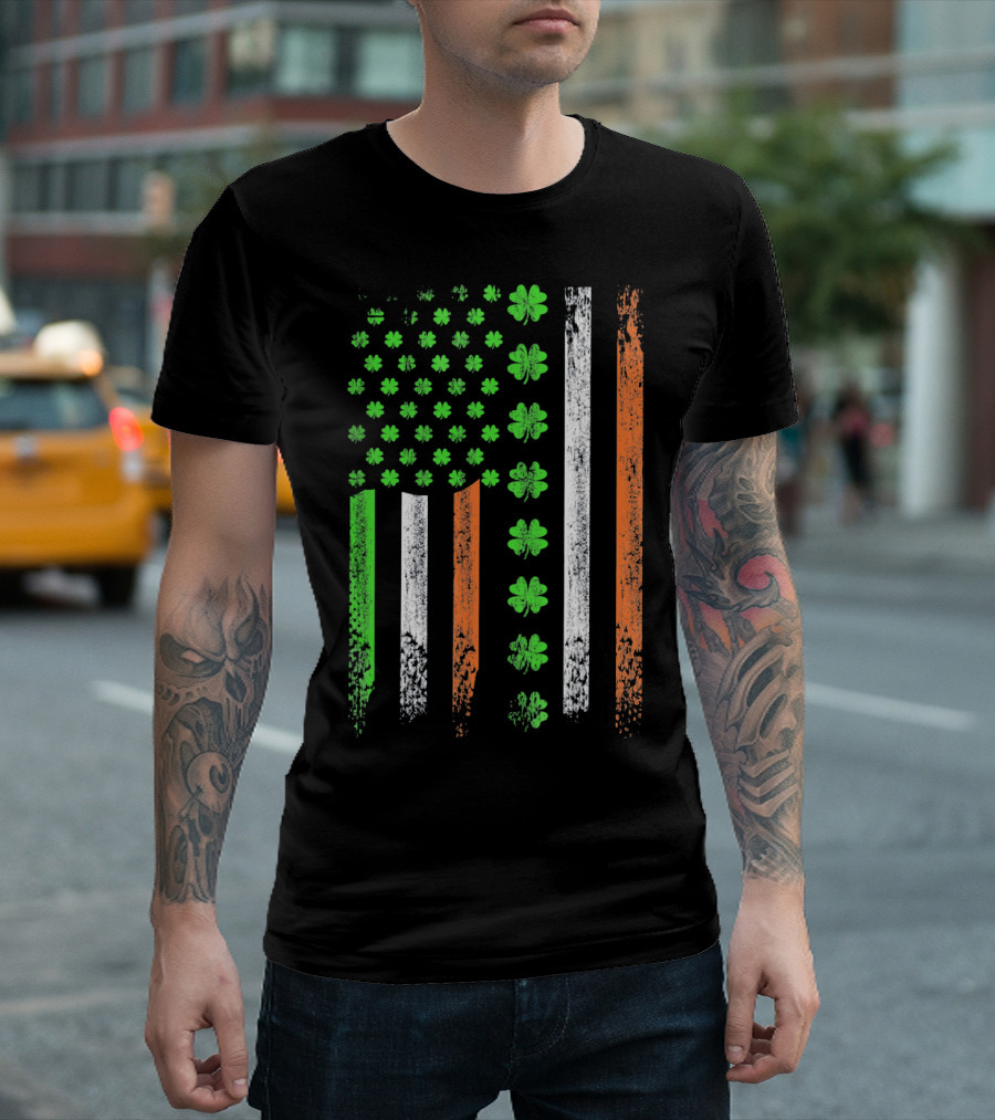 St Patricks Day US Flag with Shamrocks and Irish Colors T-Shirt