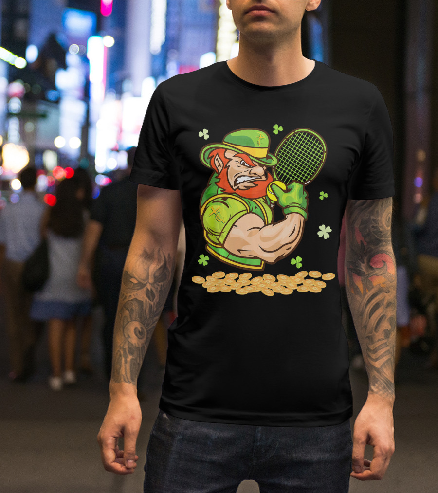 Leprechaun Playing Tennis With Shamrocks And Gold Coins T-Shirt