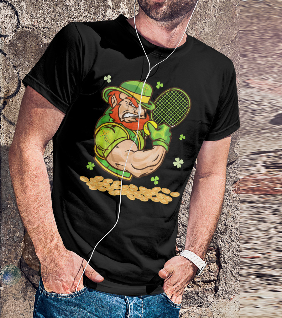 Leprechaun Playing Tennis With Shamrocks And Gold Coins T-Shirt