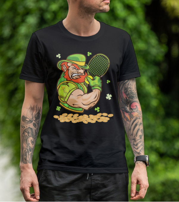 Leprechaun Playing Tennis With Shamrocks And Gold Coins T-Shirt