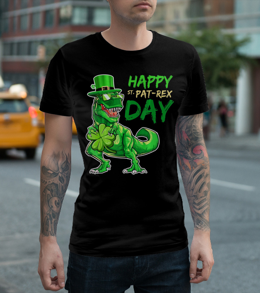 Happy St Pat Rex Day Saint Patricks Day Dinosaur With Shamrock And Green Hat T-Shirt
