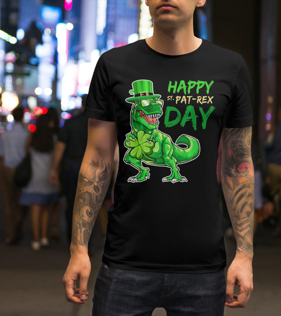 Happy St Pat Rex Day Saint Patricks Day Dinosaur With Shamrock And Green Hat T-Shirt