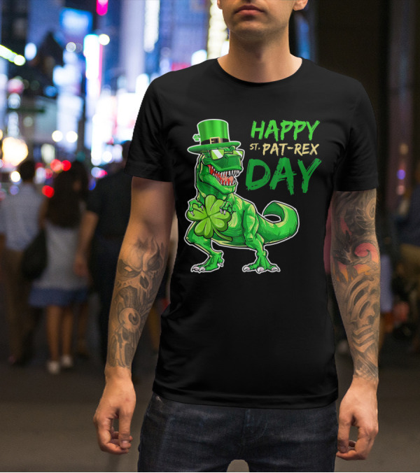 Happy St Pat Rex Day Saint Patricks Day Dinosaur With Shamrock And Green Hat T-Shirt