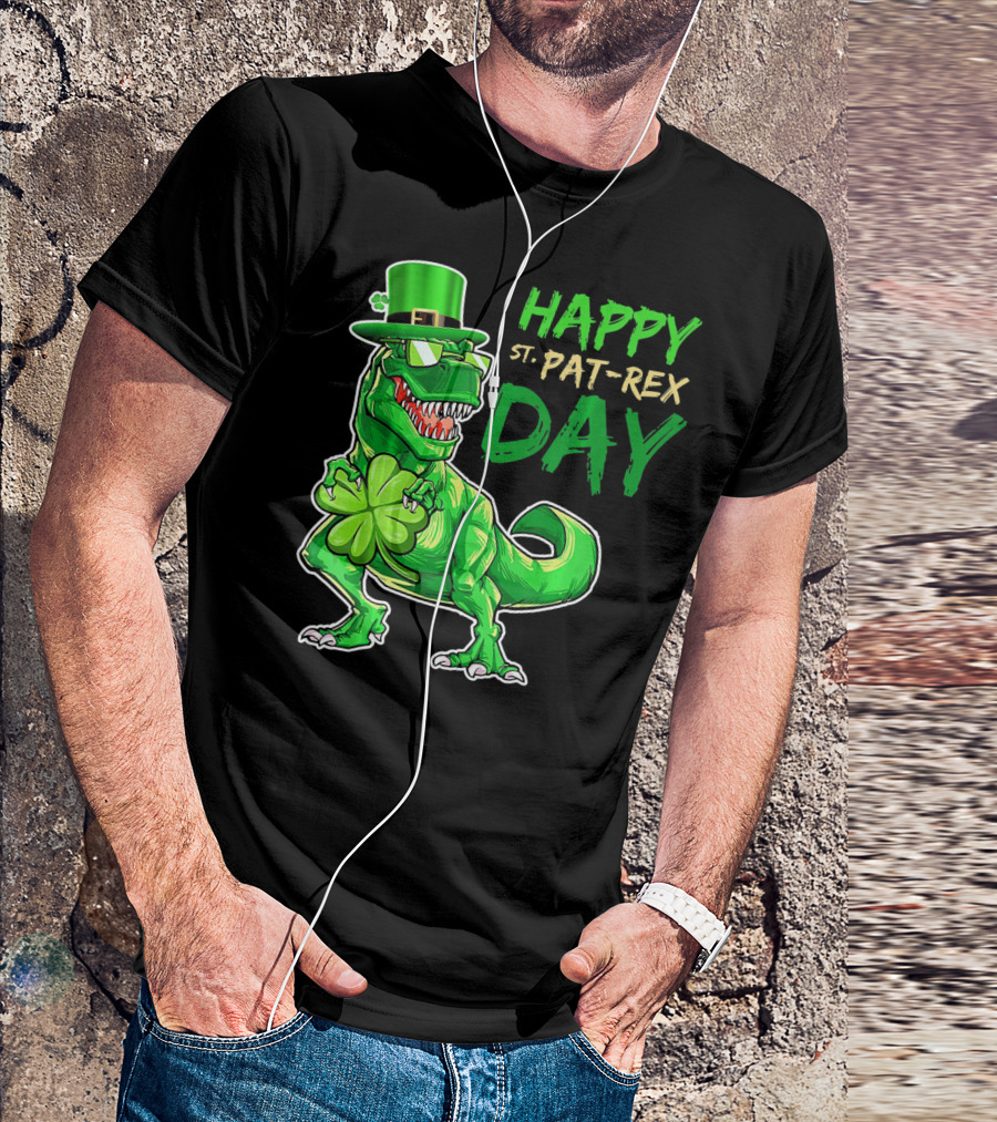 Happy St Pat Rex Day Saint Patricks Day Dinosaur With Shamrock And Green Hat T-Shirt